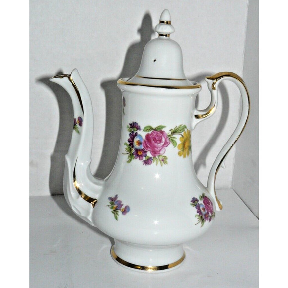 Rare Floral Gold Trim Coffee Chocolate Tea Pot Server Pitcher Crossed Sword Arow - Picture 3 of 6